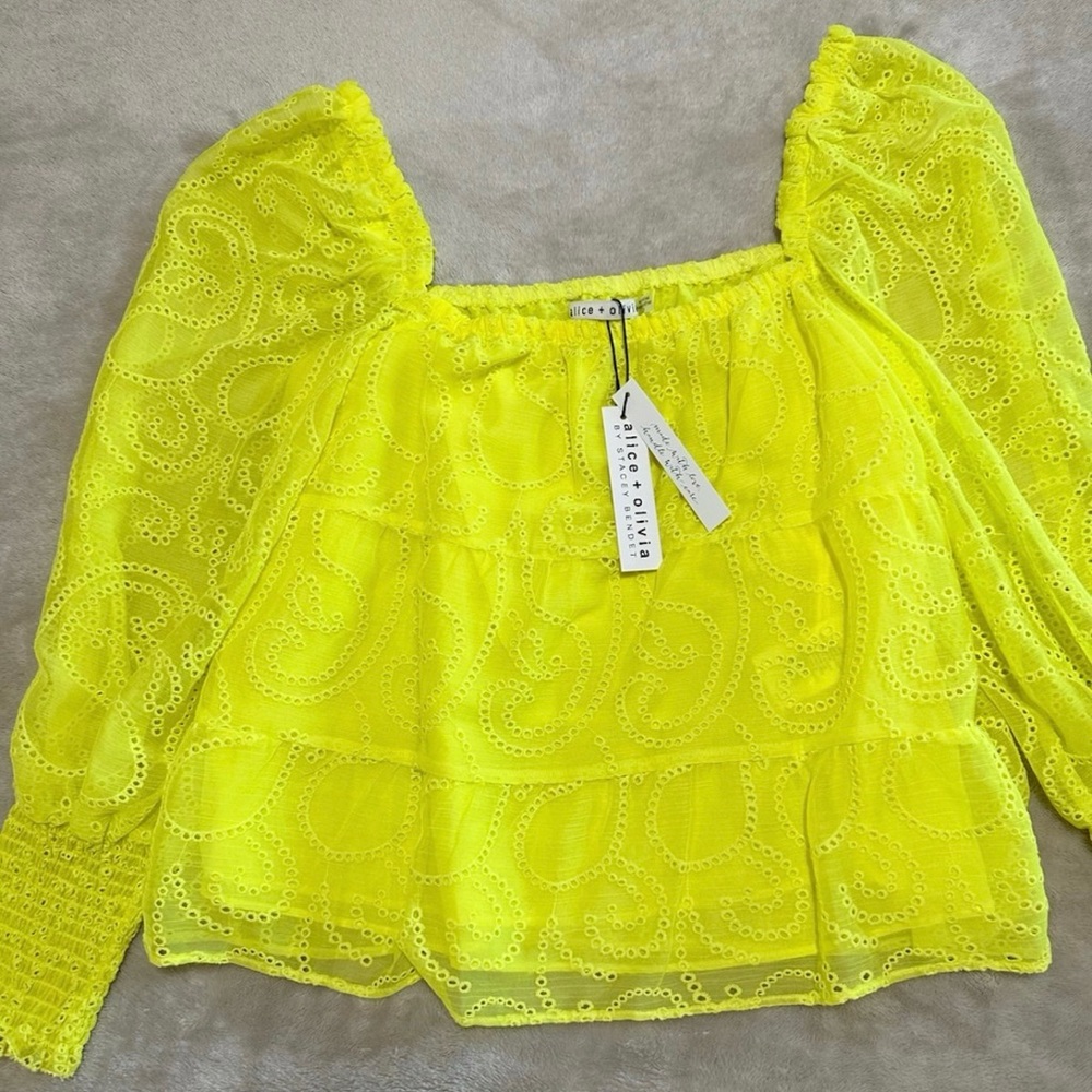 Alice + Olivia Bright Yellow Eyelet Blouse - Picture 3 of 4